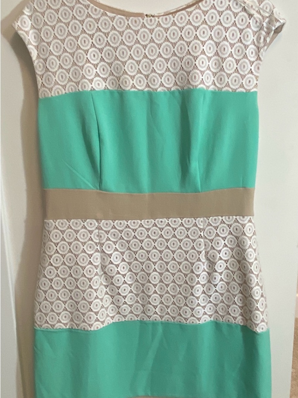 Mint and Beige Lace-Panel Midi Sheath Dress